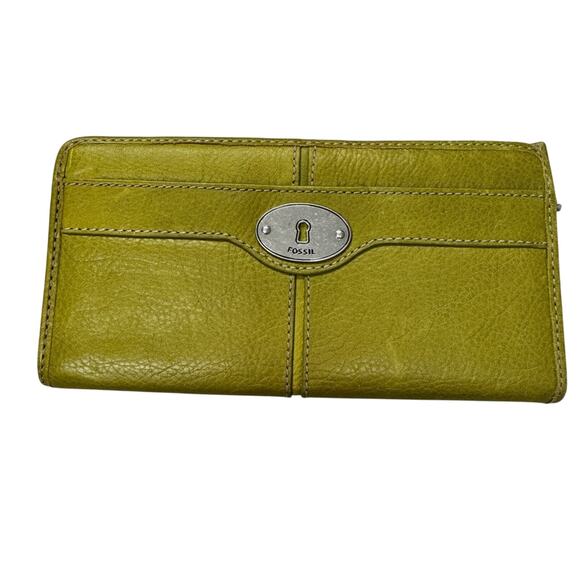 Fossil Green Leather Marlow Maddox Zip Clutch Wallet Boho Classic - Picture 1 of 9